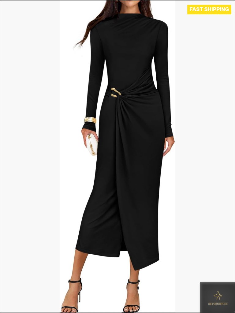 Mock Neck Bodycon Midi Dress Long Sleeve Elegant Cocktail Party Wear